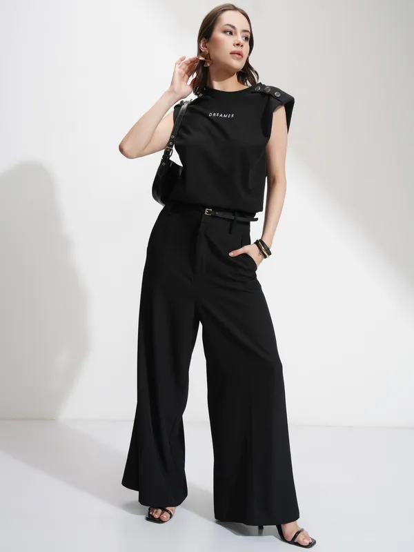 Tokyo Talkies Women Black Self Design Relaxed Fit T-Shirt