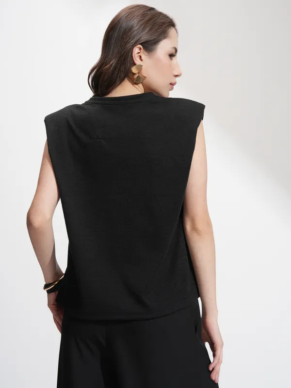 Tokyo Talkies Women Black Self Design Relaxed Fit T-Shirt