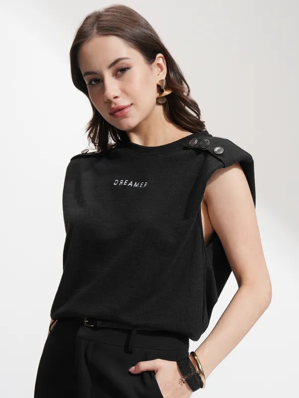 Tokyo Talkies Women Black Self Design Relaxed Fit T-Shirt