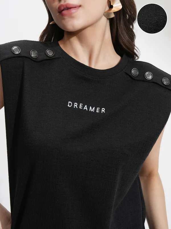 Tokyo Talkies Women Black Self Design Relaxed Fit T-Shirt