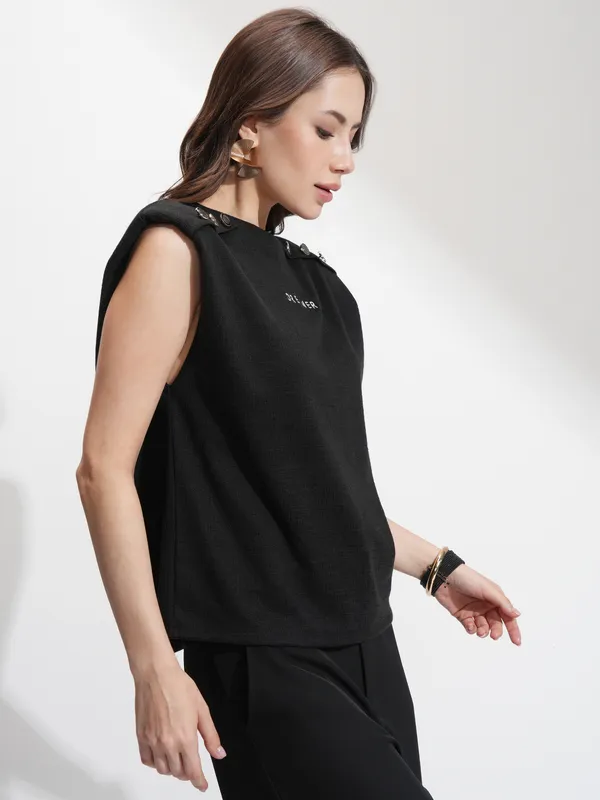 Tokyo Talkies Women Black Self Design Relaxed Fit T-Shirt