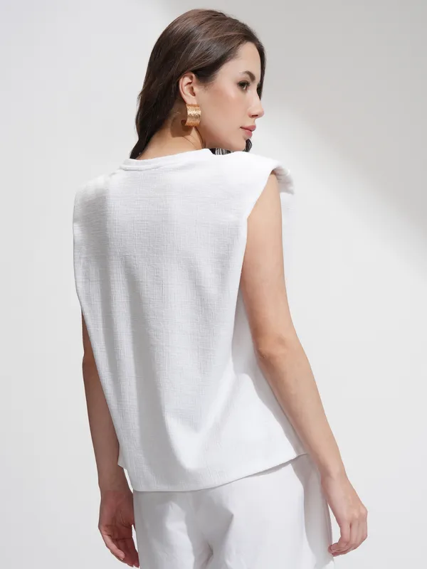 Tokyo Talkies Women White Self Design Relaxed Fit T-Shirt
