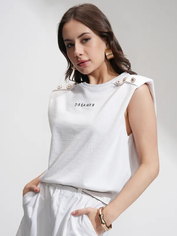 Tokyo Talkies Women White Self Design Relaxed Fit T-Shirt