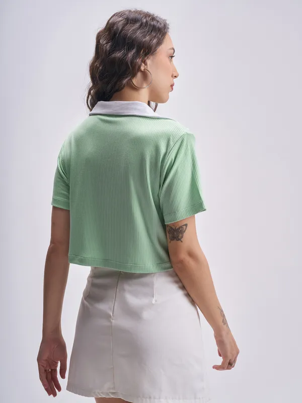 Tokyo Talkies Women Green Solid Polo Collar Regular Fit T-Shirts