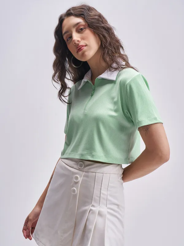 Tokyo Talkies Women Green Solid Polo Collar Regular Fit T-Shirts
