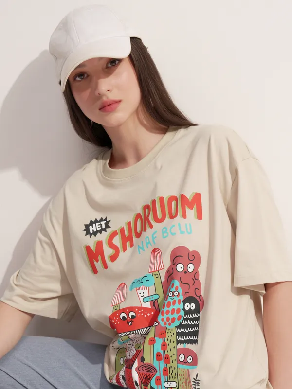 Tokyo Talkies Women Beige Printed Round Neck Oversized Fit T-Shirt