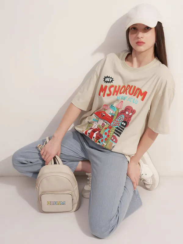 Tokyo Talkies Women Beige Printed Round Neck Oversized Fit T-Shirt