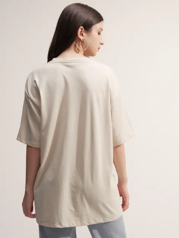 Tokyo Talkies Women Beige Printed Round Neck Oversized Fit T-Shirt