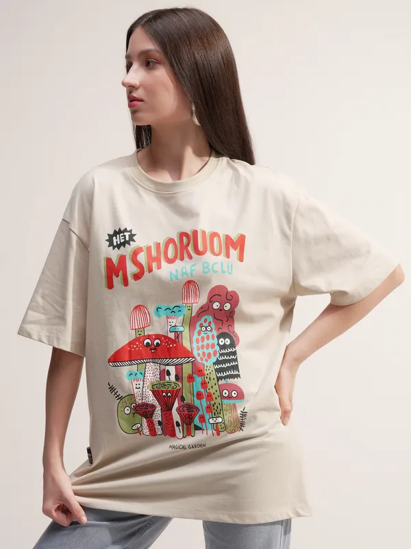 Tokyo Talkies Women Beige Printed Round Neck Oversized Fit T-Shirt