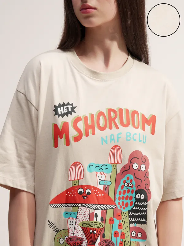 Tokyo Talkies Women Beige Printed Round Neck Oversized Fit T-Shirt