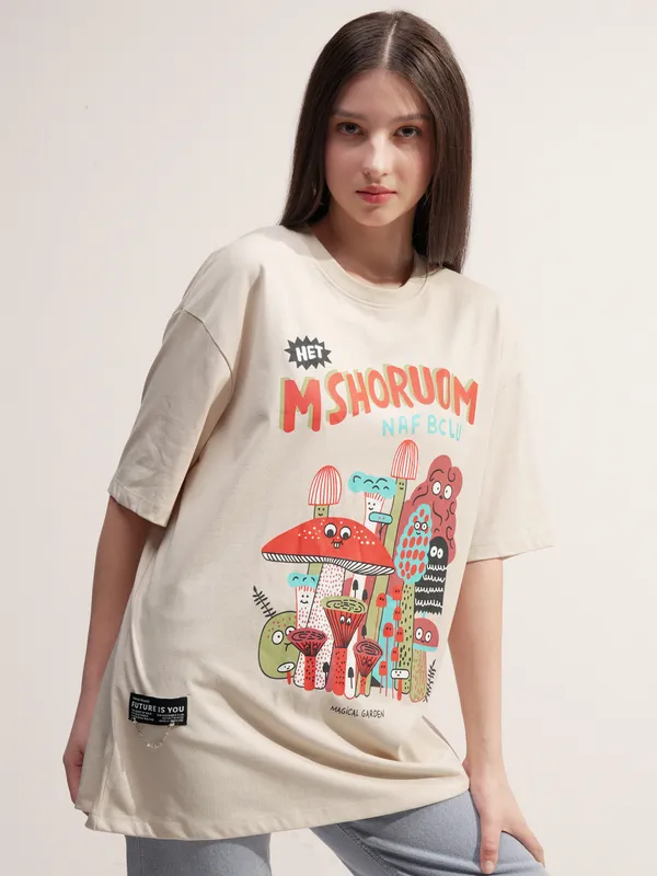 Tokyo Talkies Women Beige Printed Round Neck Oversized Fit T-Shirt