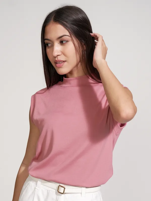 Tokyo Talkies Women Pink Solid High Neck Regular Fit T-Shirts