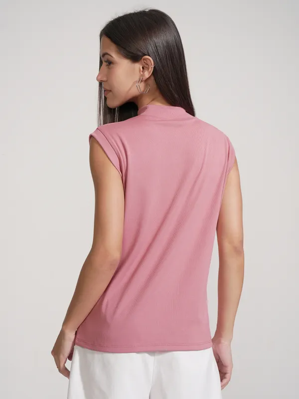 Tokyo Talkies Women Pink Solid High Neck Regular Fit T-Shirts