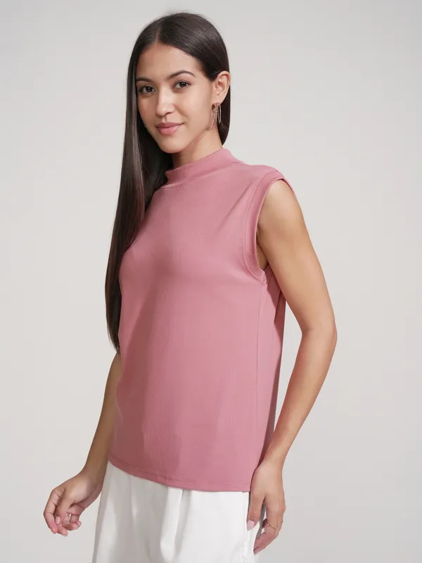 Tokyo Talkies Women Pink Solid High Neck Regular Fit T-Shirts