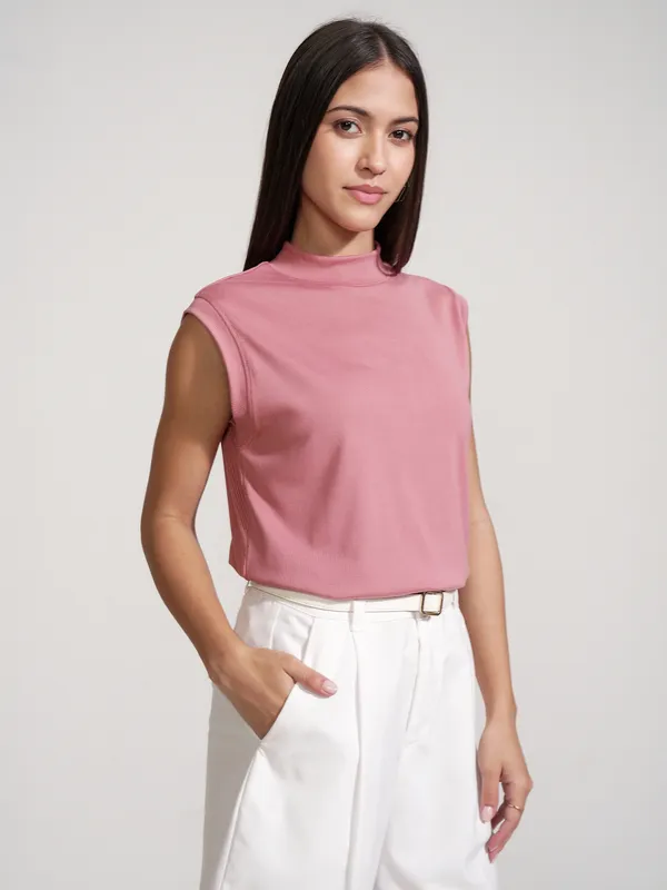 Tokyo Talkies Women Pink Solid High Neck Regular Fit T-Shirts