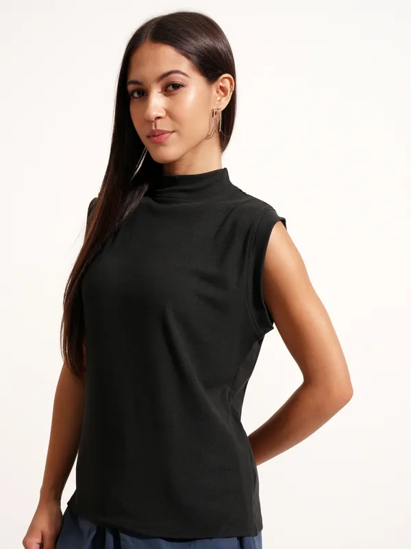 Tokyo Talkies Women Black Solid High Neck T-Shirt