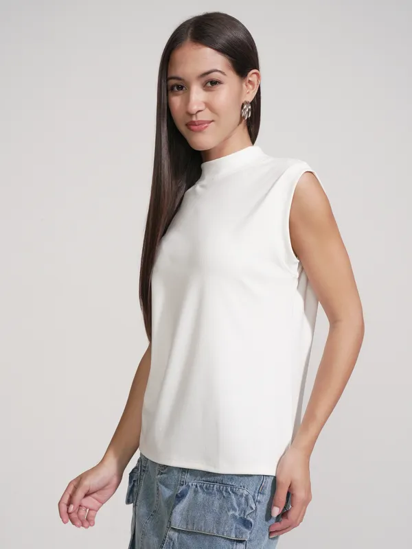 Tokyo Talkies Women White Solid High Neck T-Shirt