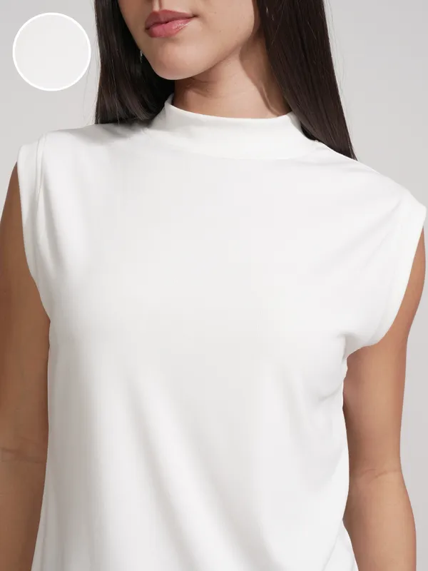 Tokyo Talkies Women White Solid High Neck T-Shirt
