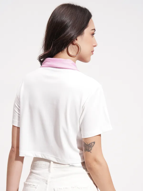 Tokyo Talkies Women White Solid Polo Collar T-Shirt
