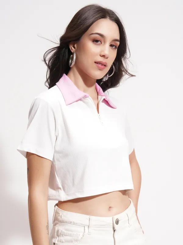 Tokyo Talkies Women White Solid Polo Collar T-Shirt