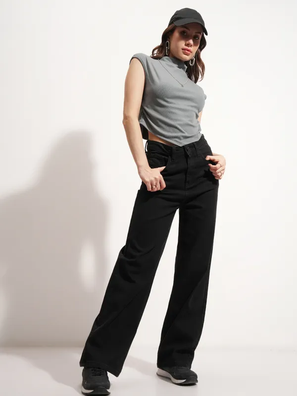 Tokyo Talkies Women Grey Solid Round Neck T-Shirt