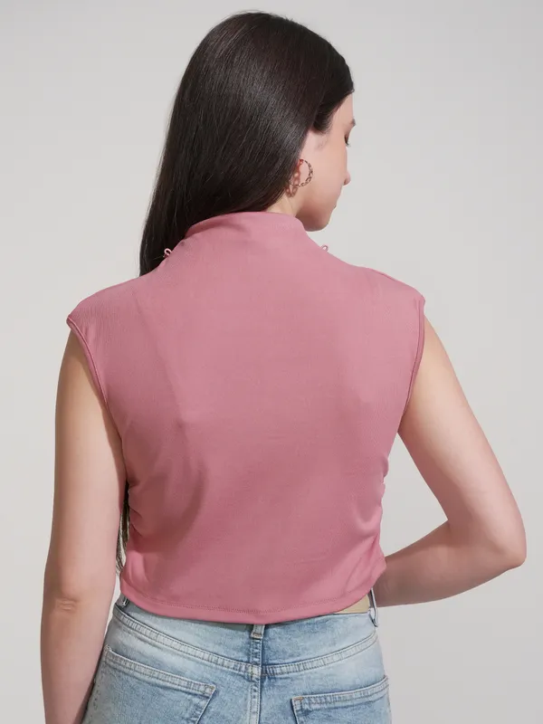 Tokyo Talkies Women Pink Solid High Neck T-Shirt