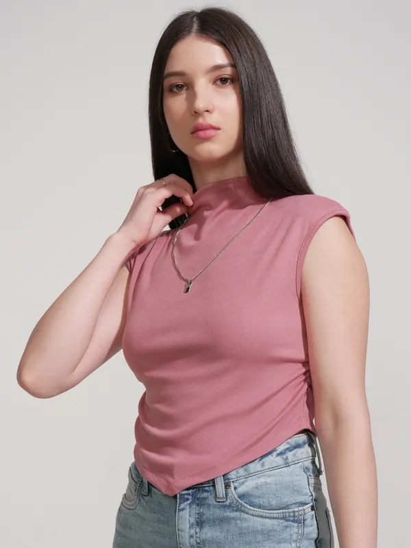 Tokyo Talkies Women Pink Solid High Neck T-Shirt