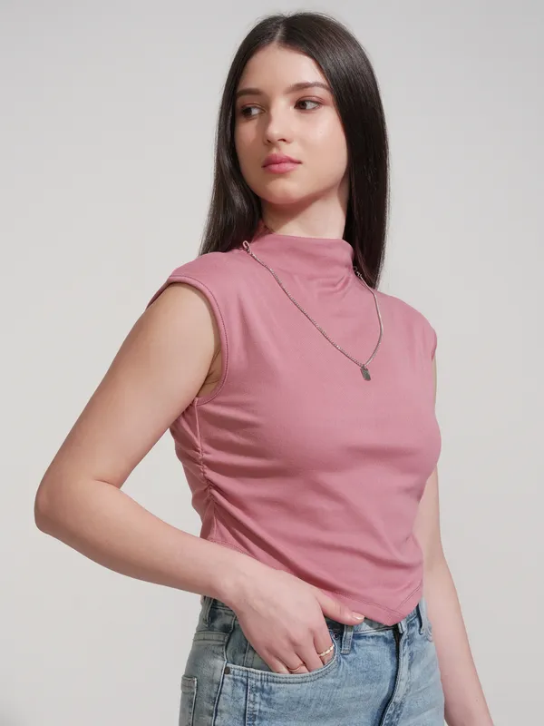Tokyo Talkies Women Pink Solid High Neck T-Shirt