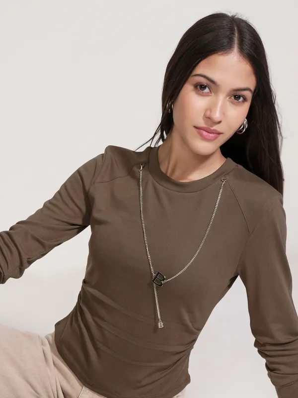 Tokyo Talkies Women Brown Solid Round Neck T-Shirt