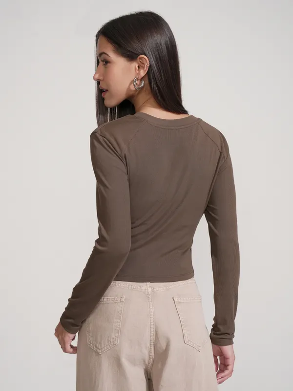 Tokyo Talkies Women Brown Solid Round Neck T-Shirt