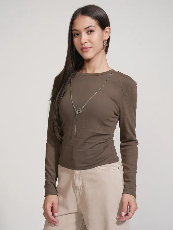 Tokyo Talkies Women Brown Solid Round Neck T-Shirt