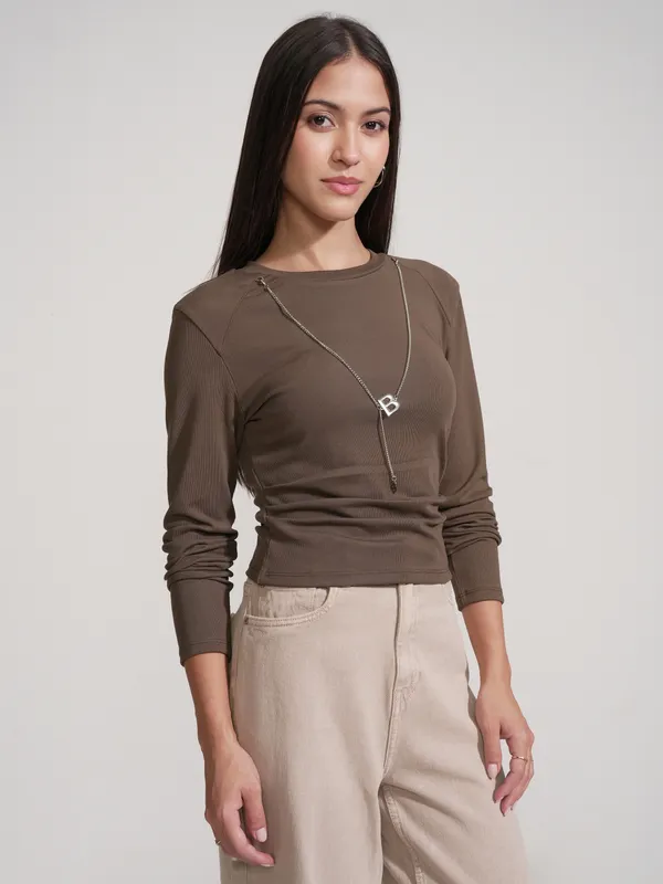 Tokyo Talkies Women Brown Solid Round Neck T-Shirt