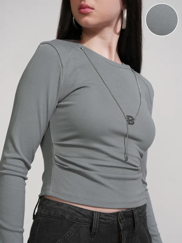 Tokyo Talkies Women Grey Solid Round Neck T-Shirt