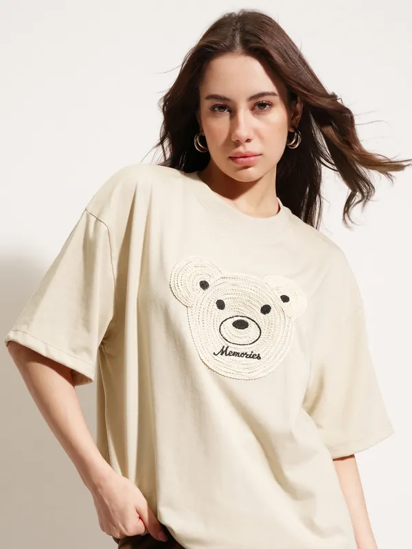 Tokyo Talkies Women Beige Applique Round Neck Oversized Fit T-Shirt