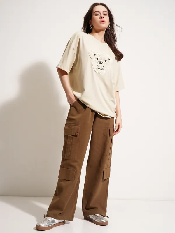 Tokyo Talkies Women Beige Applique Round Neck Oversized Fit T-Shirt