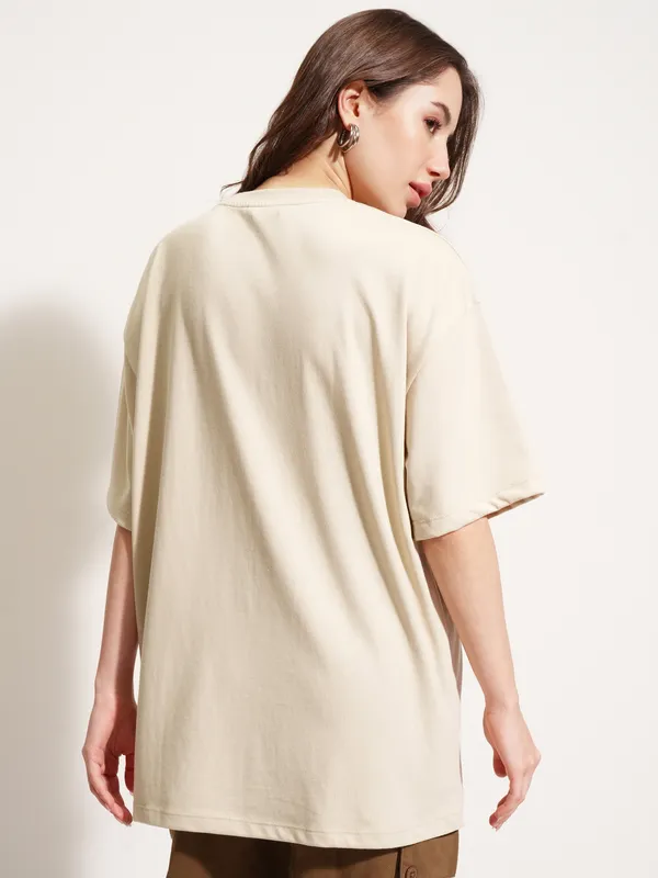 Tokyo Talkies Women Beige Applique Round Neck Oversized Fit T-Shirt