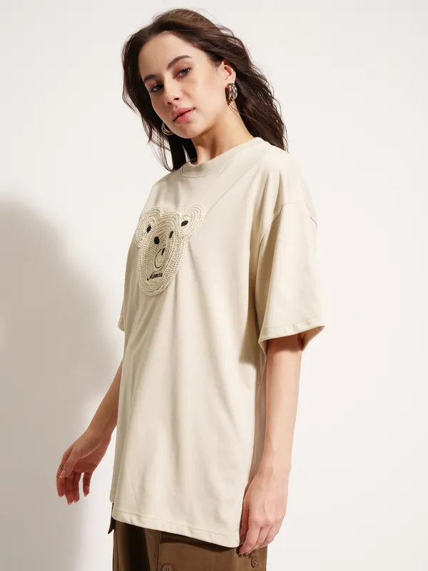Tokyo Talkies Women Beige Applique Round Neck Oversized Fit T-Shirt