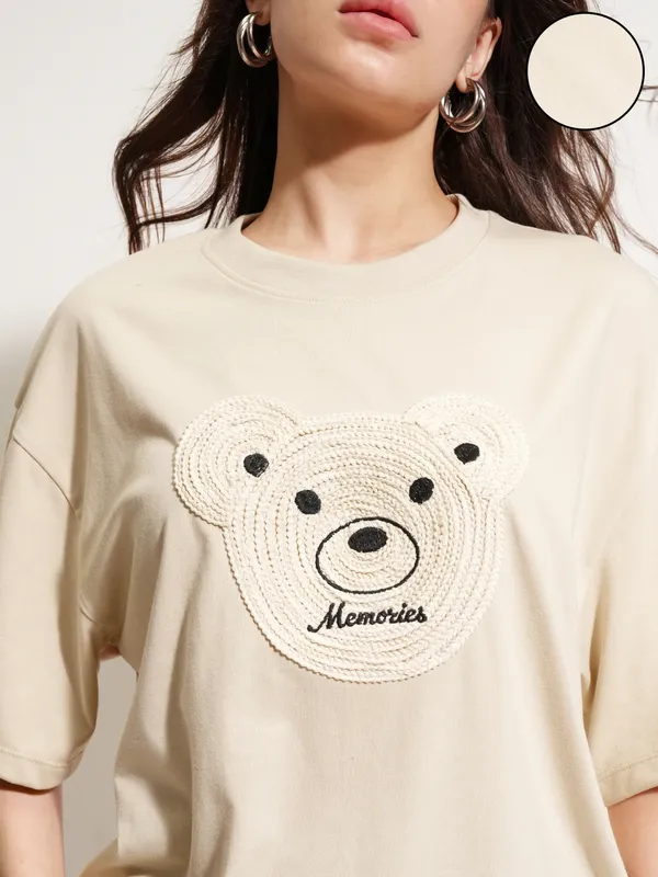 Tokyo Talkies Women Beige Applique Round Neck Oversized Fit T-Shirt