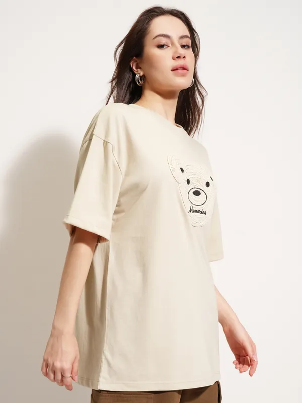 Tokyo Talkies Women Beige Applique Round Neck Oversized Fit T-Shirt