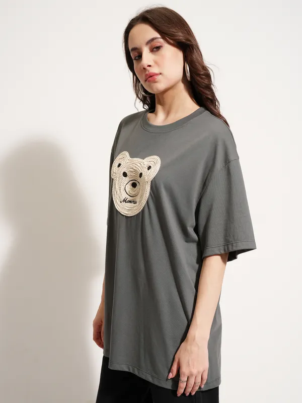 Tokyo Talkies Women Grey Applique Round Neck Oversized Fit T-Shirt