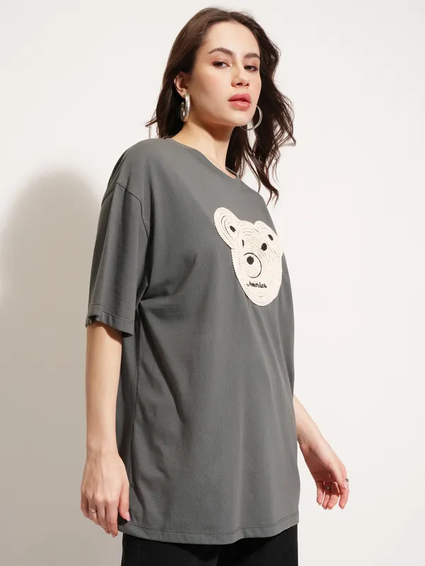 Tokyo Talkies Women Grey Applique Round Neck Oversized Fit T-Shirt