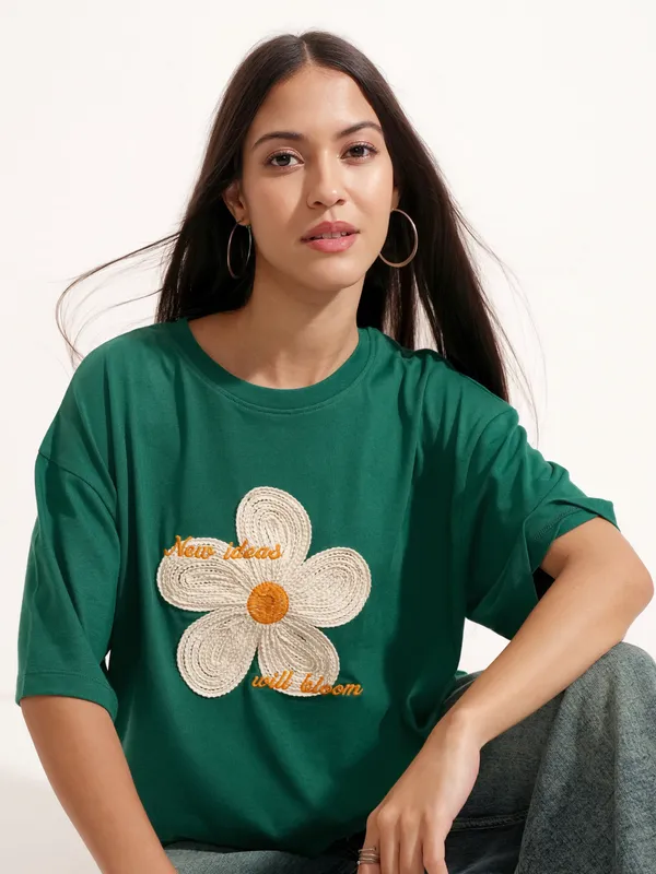 Tokyo Talkies Women Green Applique Round Neck Oversized Fit T-Shirt