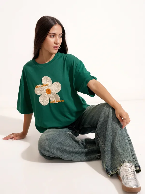 Tokyo Talkies Women Green Applique Round Neck Oversized Fit T-Shirt