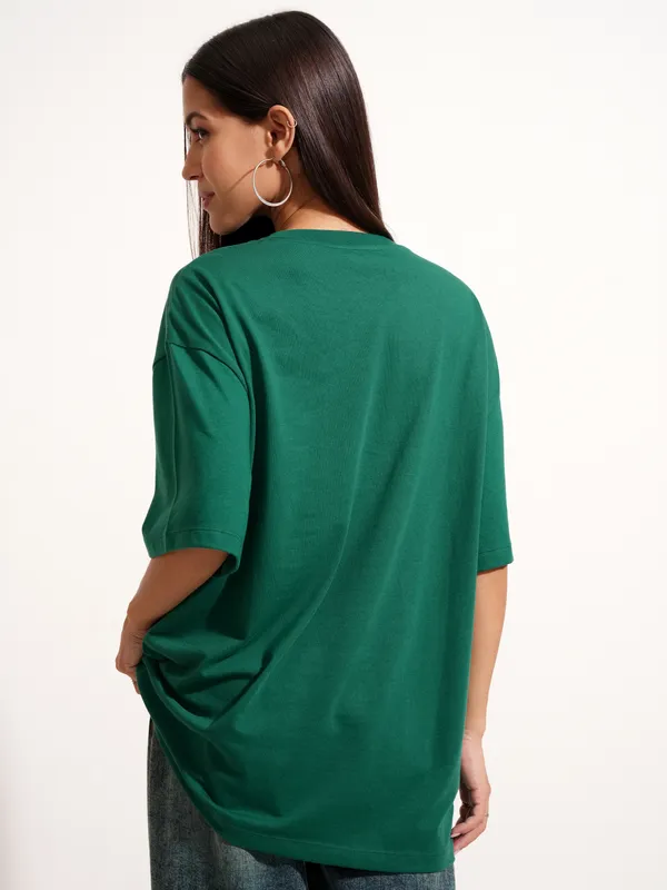 Tokyo Talkies Women Green Applique Round Neck Oversized Fit T-Shirt