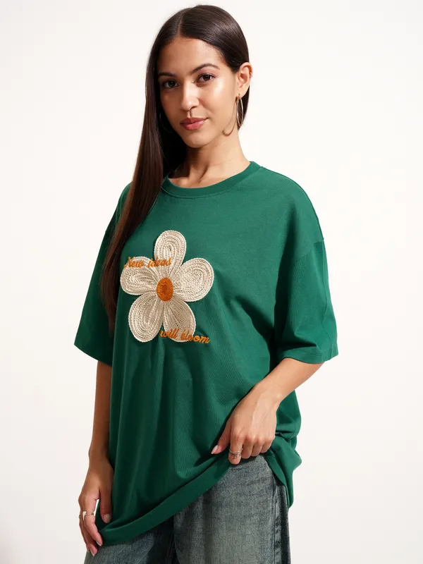 Tokyo Talkies Women Green Applique Round Neck Oversized Fit T-Shirt