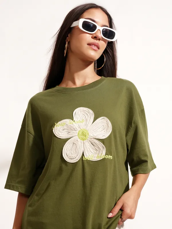 Tokyo Talkies Women Olive Applique Round Neck Oversized Fit T-Shirt