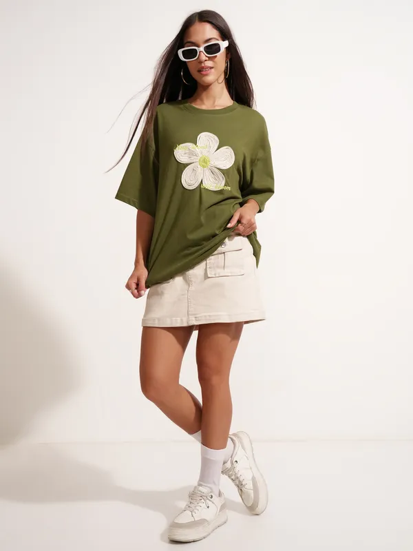 Tokyo Talkies Women Olive Applique Round Neck Oversized Fit T-Shirt