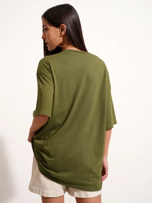 Tokyo Talkies Women Olive Applique Round Neck Oversized Fit T-Shirt