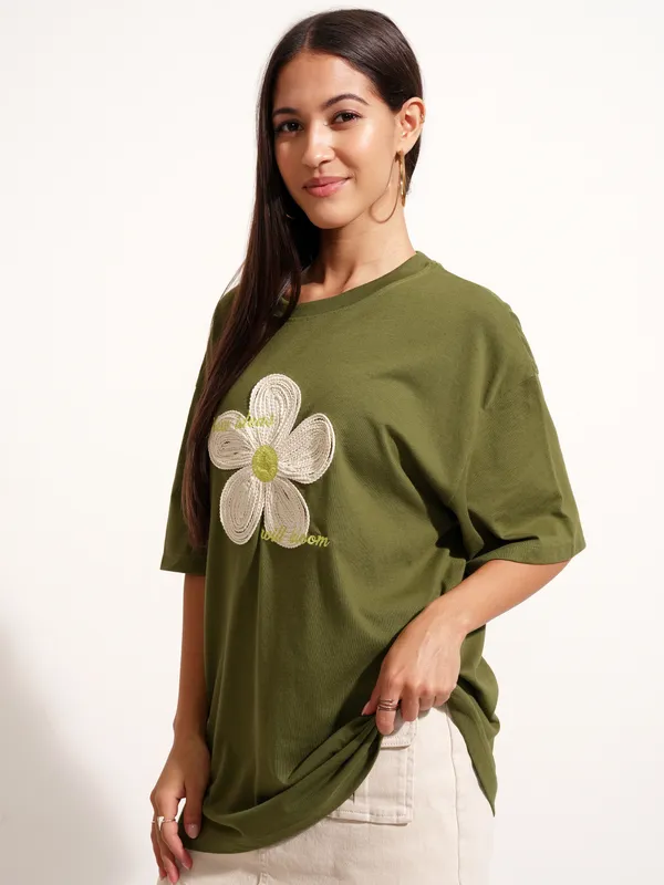 Tokyo Talkies Women Olive Applique Round Neck Oversized Fit T-Shirt