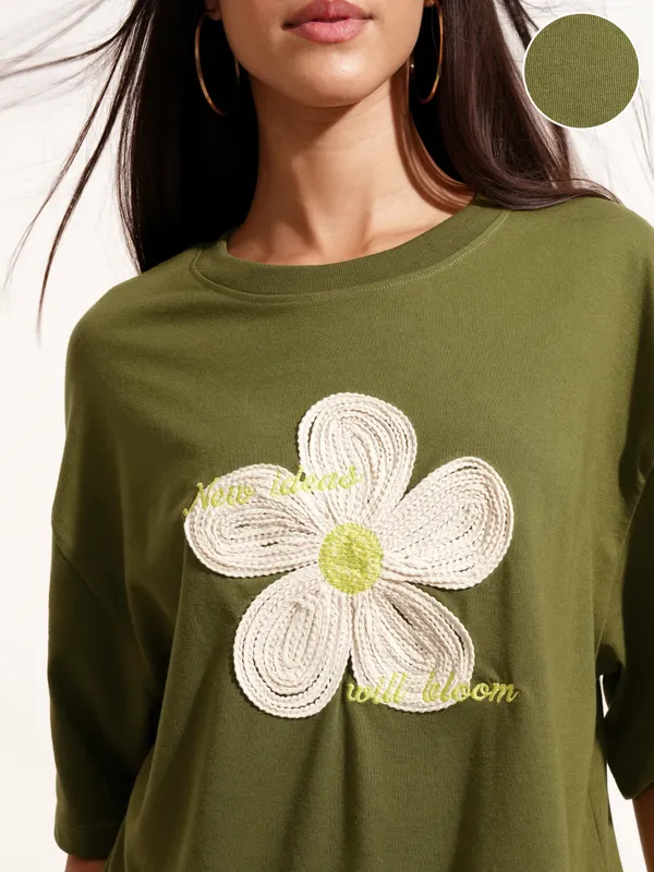 Tokyo Talkies Women Olive Applique Round Neck Oversized Fit T-Shirt